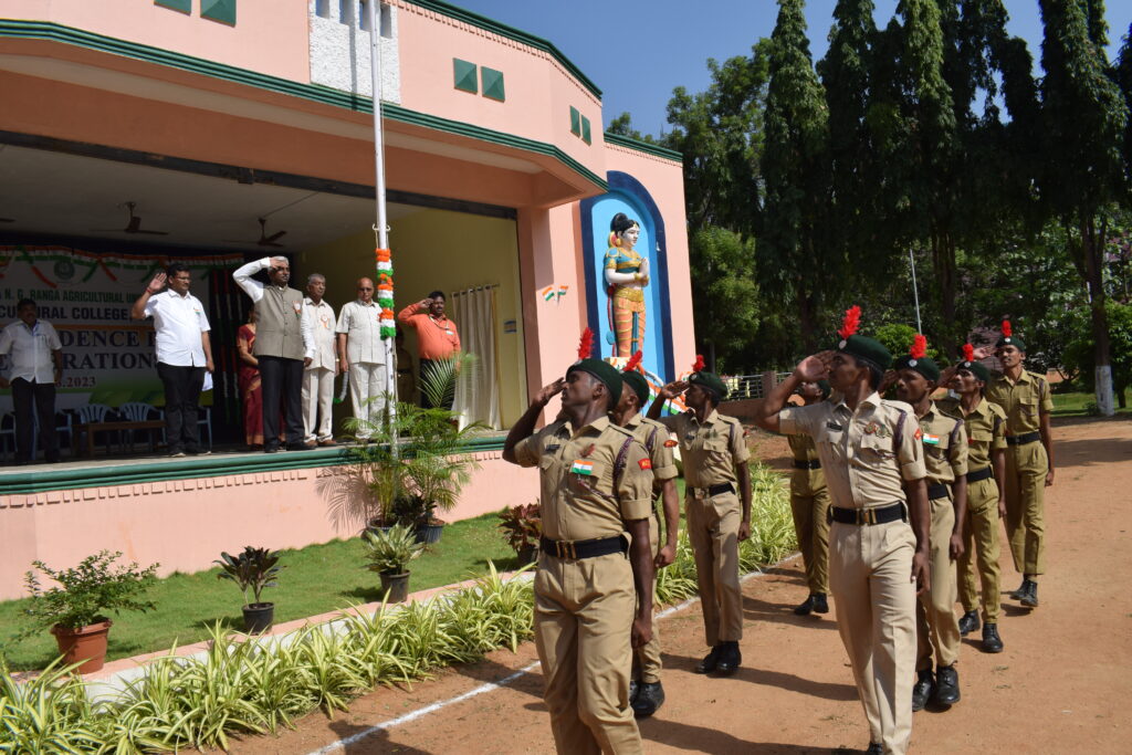 Dr. G. Prabhakara Reddy, Associate Dean and NCC cadets seen offering the Flag Salute at S.V. Agricultural College, Tirupati